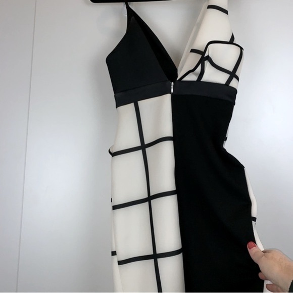 ASOS sz 2 Design Black White Ruffle Grid Check Waterfall Bodycon Midi Dress - Picture 7 of 10